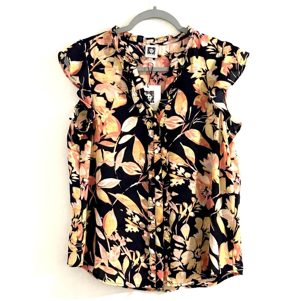 Anne Klein Classic Navy Multi-Color Floral Button up Blouse Size S NWT Casual